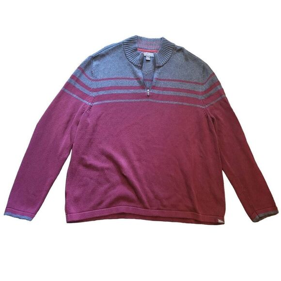Eddie Bauer Sweater Men's 3X Burgundy Grey Quarter Zip Heavy Cotton Striped - Picture 1 of 4
